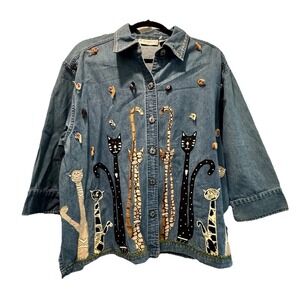Dress Barn Denim Cats Embroidered Shacket Women's Sz 2X Cottage VTG Grandmacore